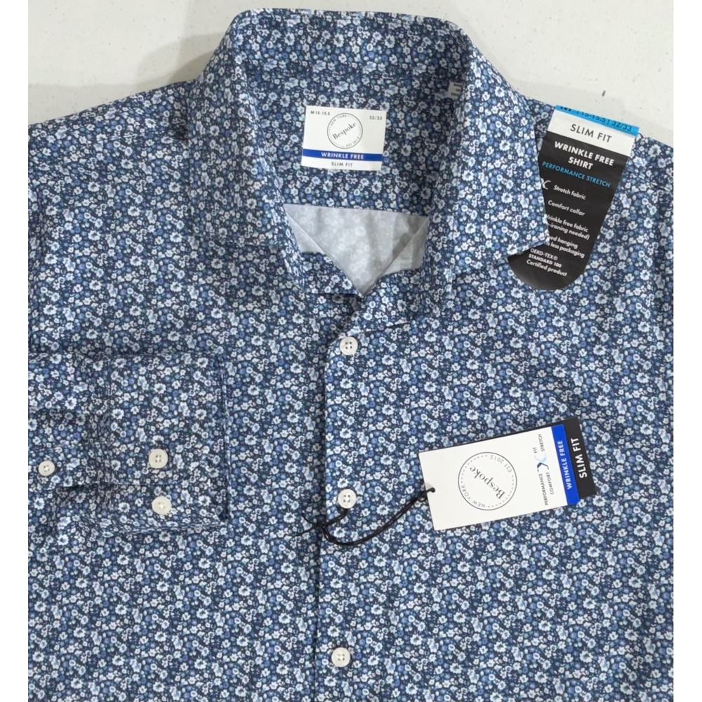 Bespoke Button Down Shirt 15-15.5 32/33 Blue Floral Slim Stretch Performance